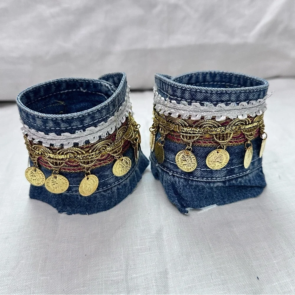 RUBYRUDI Artisan Denim Cuff Bracelet Set Shabby Chic Tattered Raw Edge Signed